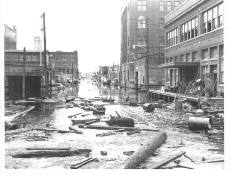 debris and dead livestock looking south along Liberty